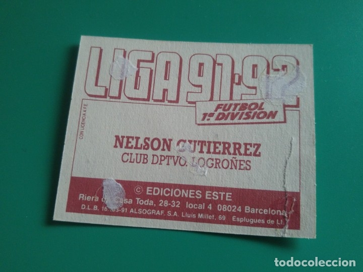 Cromos de f&uacute;tbol: NELSON GUTI&Eacute;RREZ - LOGRO&Ntilde;&Eacute;S - EDICIONES ESTE 1991-92 - DESPEGADO - 91/92 - Foto 2