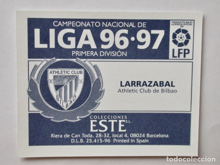 Cromos de f&uacute;tbol: LARRAZABAL ATH. BILBAO DE EDICIONES ESTE 96-97, NUNCA PEGADO - Foto 2
