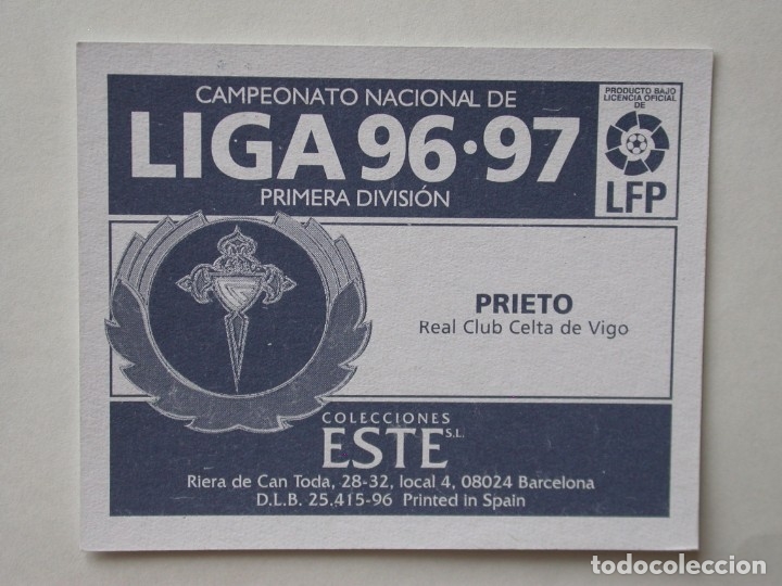 Cromos de f&uacute;tbol: PRIETO DEL CELTA DE EDICIONES ESTE 96-97, NUNCA PEGADO - Foto 2
