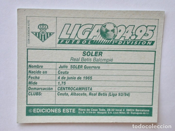 Cromos de f&uacute;tbol: SOLER DEL BETIS DE EDICIONES ESTE 94-95, NUNCA PEGADO - Foto 2