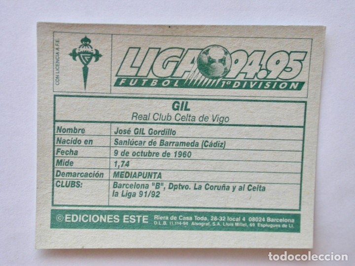 Cromos de f&uacute;tbol: GIL DEL CELTA DE EDICIONES ESTE 94-95, NUNCA PEGADO - Foto 2