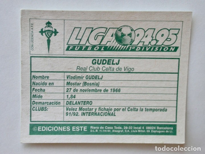 Cromos de f&uacute;tbol: GUDELJ DEL CELTA DE EDICIONES ESTE 94-95, NUNCA PEGADO - Foto 2