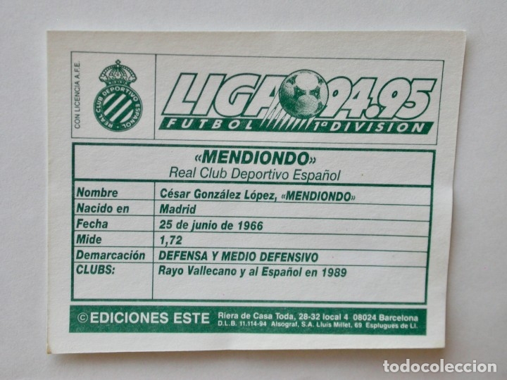 Cromos de f&uacute;tbol: MENDIONDO DEL ESPA&Ntilde;OL DE EDICIONES ESTE 94-95, NUNCA PEGADO - Foto 2