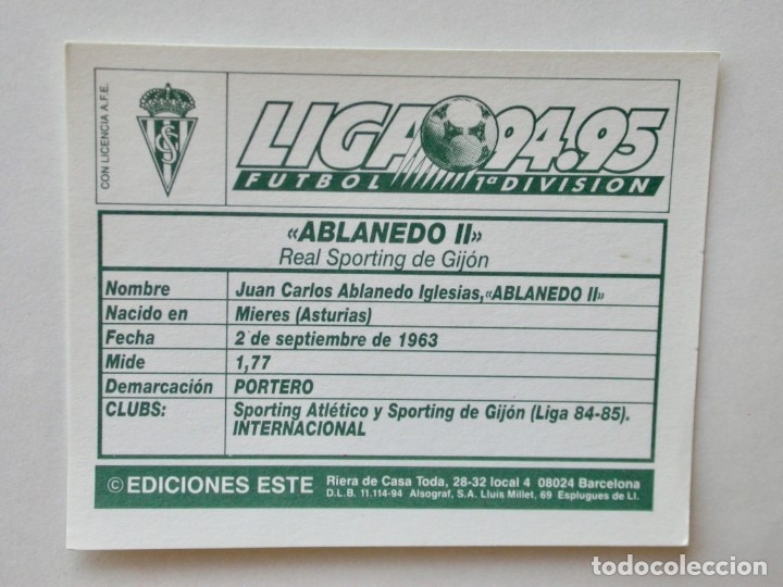 Cromos de f&uacute;tbol: ABLANEDO II DEL SPORTING DE EDICIONES ESTE 94-95, NUNCA PEGADO - Foto 2