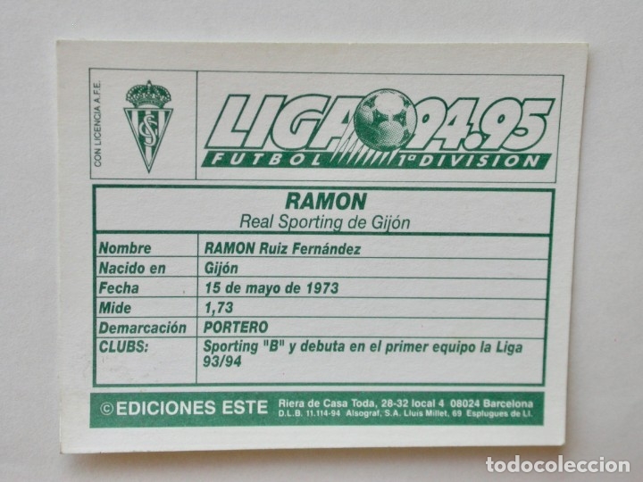 Cromos de f&uacute;tbol: RAM&Oacute;N DEL SPORTING DE EDICIONES ESTE 94-95, NUNCA PEGADO - Foto 2