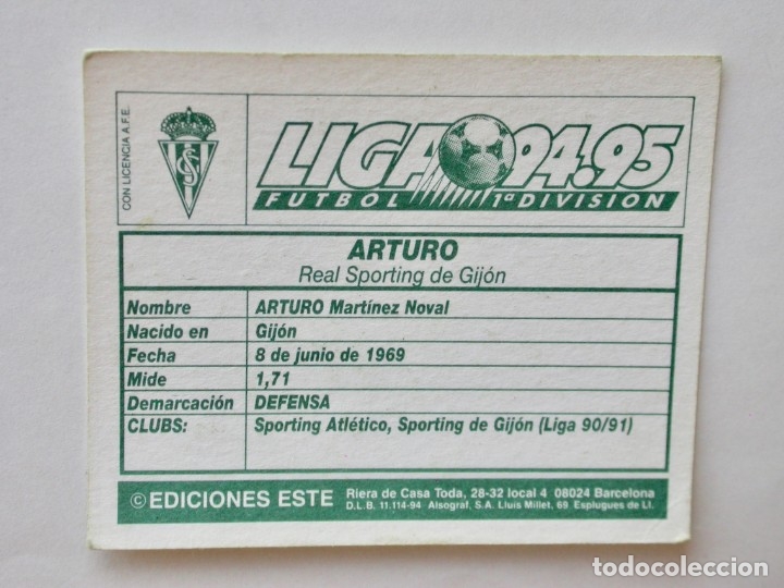 Cromos de f&uacute;tbol: ARTURO DEL SPORTING DE EDICIONES ESTE 94-95, NUNCA PEGADO - Foto 2