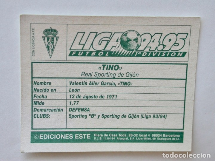 Cromos de f&uacute;tbol: TINO DEL SPORTING DE EDICIONES ESTE 94-95, NUNCA PEGADO - Foto 2
