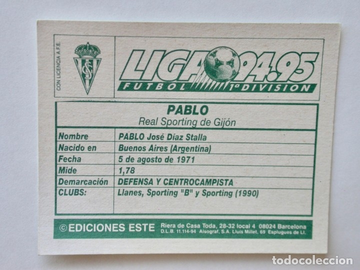 Cromos de f&uacute;tbol: PABLO DEL SPORTING DE EDICIONES ESTE 94-95, NUNCA PEGADO - Foto 2