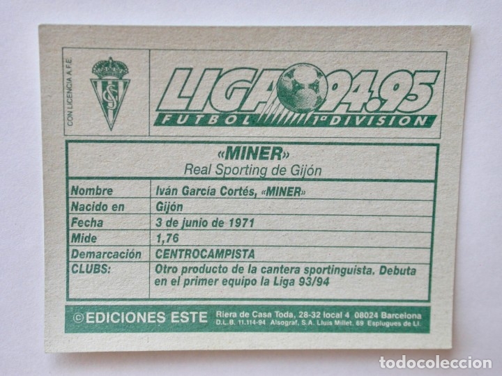 Cromos de f&uacute;tbol: MINER DEL SPORTING DE EDICIONES ESTE 94-95, NUNCA PEGADO - Foto 2