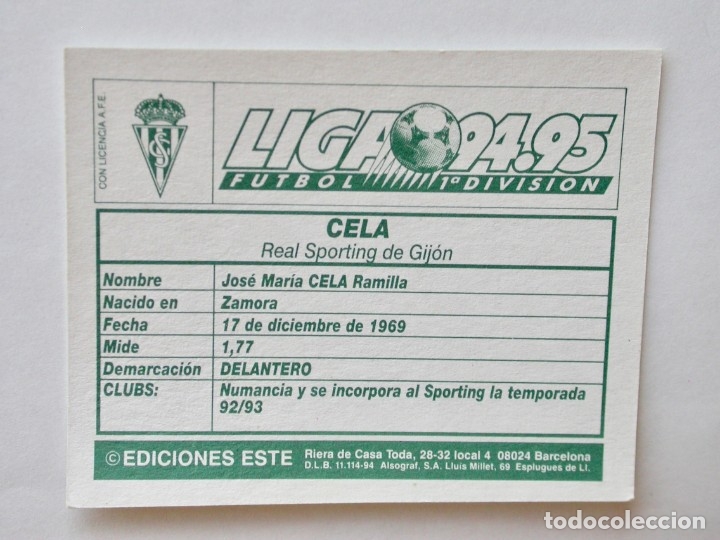 Cromos de f&uacute;tbol: CELA DEL SPORTING DE EDICIONES ESTE 94-95, NUNCA PEGADO - Foto 2