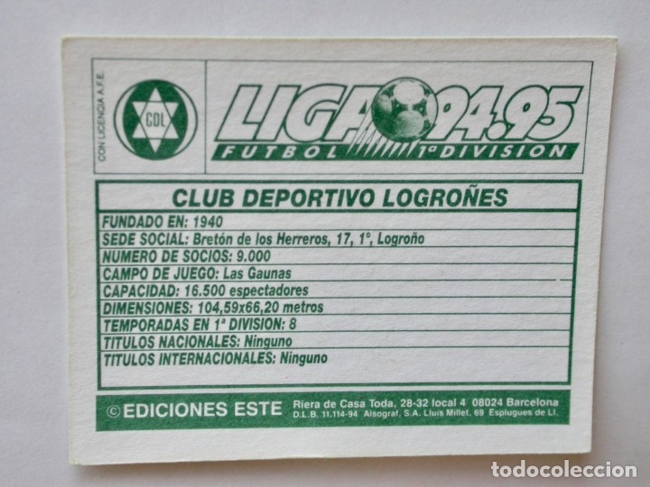 Cromos de f&uacute;tbol: ESCUDO DEL LOGRO&Ntilde;&Eacute;S DE EDICIONES ESTE 94-95, NUNCA PEGADO - Foto 2