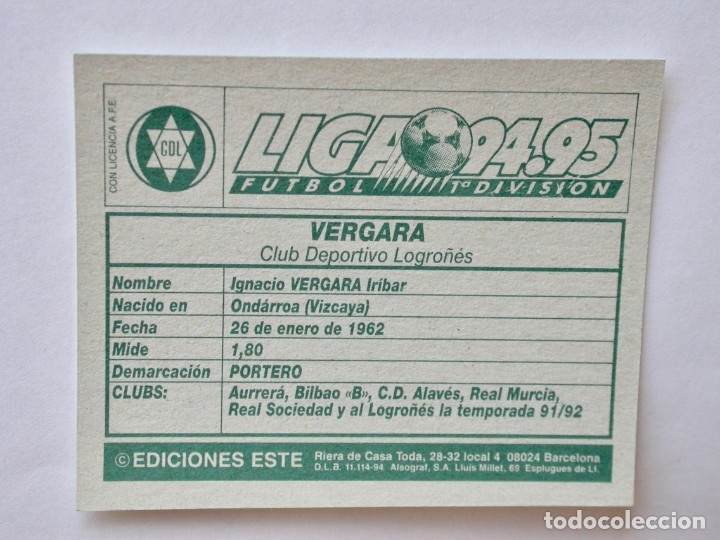 Cromos de f&uacute;tbol: VERGARA DEL LOGRO&Ntilde;&Eacute;S DE EDICIONES ESTE 94-95, NUNCA PEGADO - Foto 2