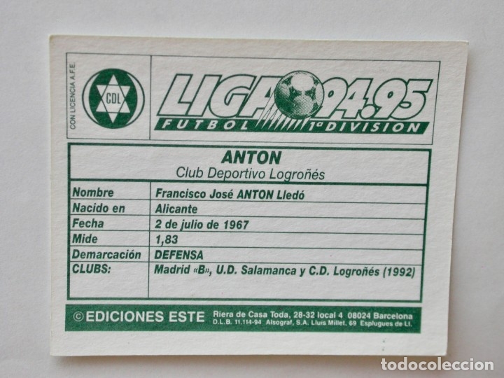 Cromos de f&uacute;tbol: ANTON DEL LOGRO&Ntilde;&Eacute;S DE EDICIONES ESTE 94-95, NUNCA PEGADO - Foto 2