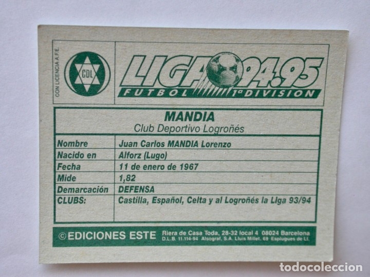 Cromos de f&uacute;tbol: MANDIA DEL LOGRO&Ntilde;&Eacute;S DE EDICIONES ESTE 94-95, NUNCA PEGADO - Foto 2