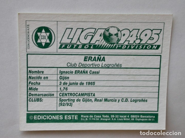 Cromos de f&uacute;tbol: ERA&Ntilde;A DEL LOGRO&Ntilde;&Eacute;S DE EDICIONES ESTE 94-95, NUNCA PEGADO - Foto 2