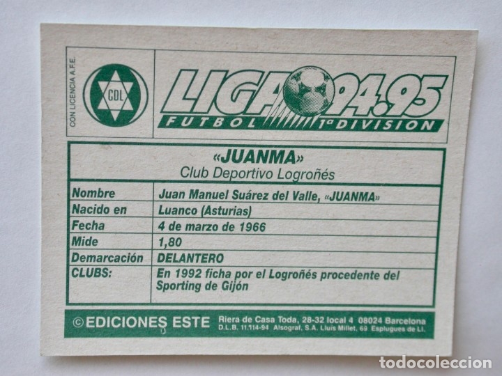 Cromos de f&uacute;tbol: JUANMA DEL LOGRO&Ntilde;&Eacute;S DE EDICIONES ESTE 94-95, NUNCA PEGADO - Foto 2