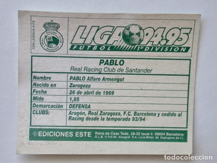Cromos de f&uacute;tbol: PABLO DEL RACING DE EDICIONES ESTE 94-95, NUNCA PEGADO - Foto 2