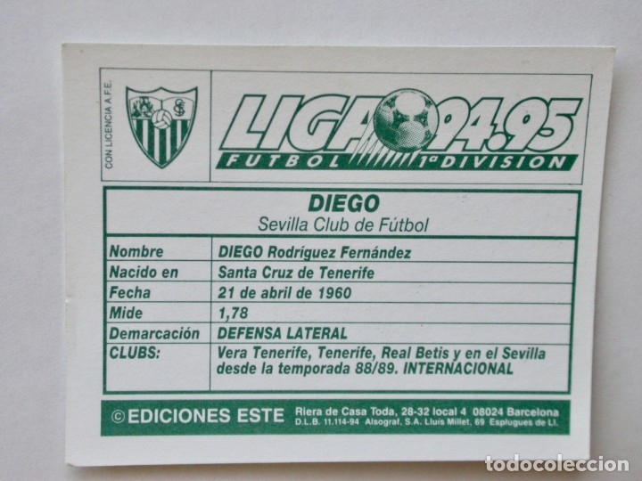 Cromos de f&uacute;tbol: DIEGO DEL SEVILLA DE EDICIONES ESTE 94-95, NUNCA PEGADO - Foto 2