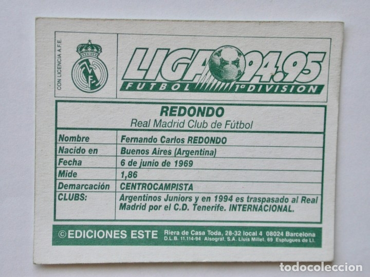Cromos de f&uacute;tbol: REDONDO VERSI&Oacute;N DEL R. MADRID DE EDICIONES ESTE 94-95, NUNCA PEGADO - Foto 2