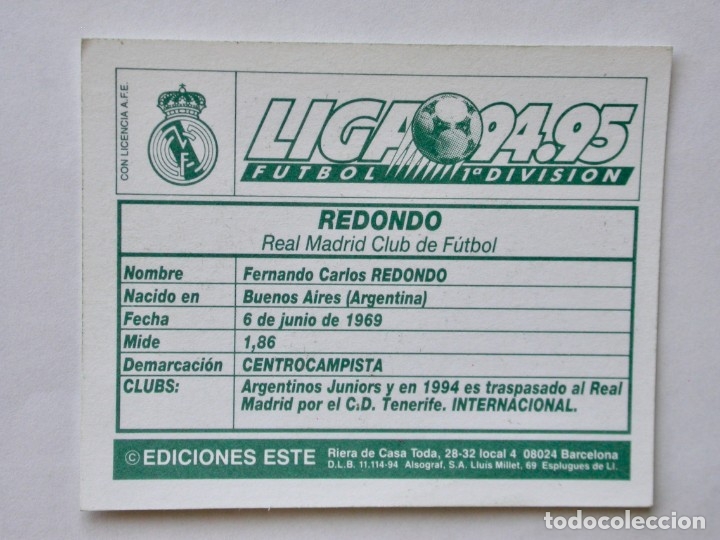 Cromos de f&uacute;tbol: REDONDO VERSI&Oacute;N DEL R. MADRID DE EDICIONES ESTE 94-95, NUNCA PEGADO - Foto 2