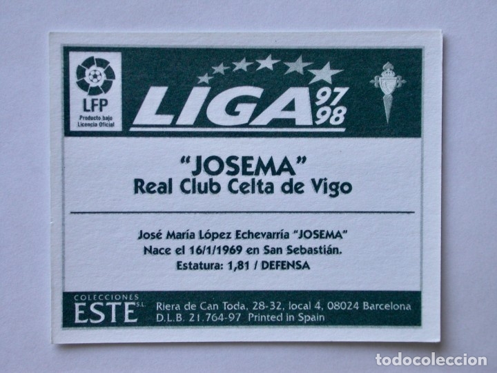 Cromos de f&uacute;tbol: JOSEMA DEL CELTA DE EDICIONES ESTE 97-98, NUNCA PEGADO - Foto 2
