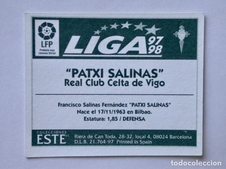 Cromos de f&uacute;tbol: PATXI SALINAS DEL CELTA DE EDICIONES ESTE 97-98, NUNCA PEGADO - Foto 2