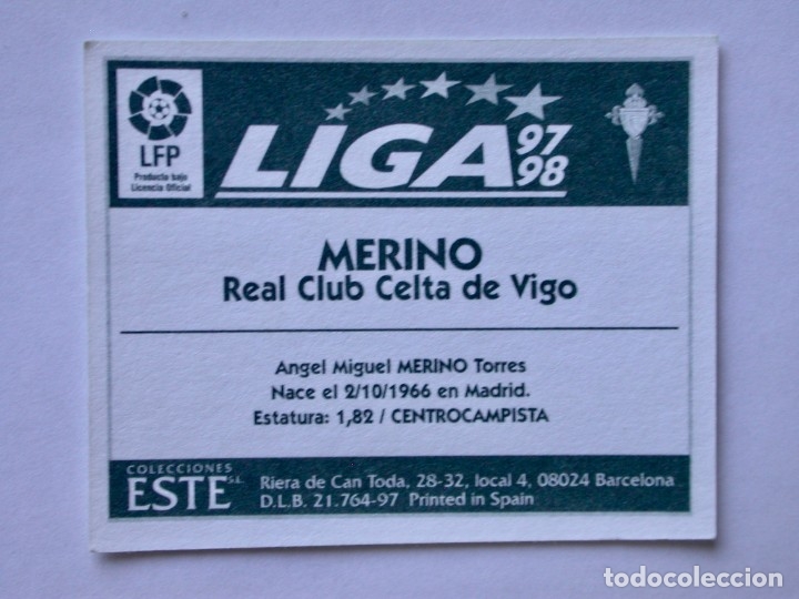 Cromos de f&uacute;tbol: MERINO DEL CELTA DE EDICIONES ESTE 97-98, NUNCA PEGADO - Foto 2
