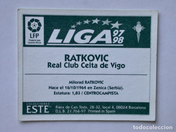 Cromos de f&uacute;tbol: RATKOVIC DEL CELTA DE EDICIONES ESTE 97-98, NUNCA PEGADO - Foto 2