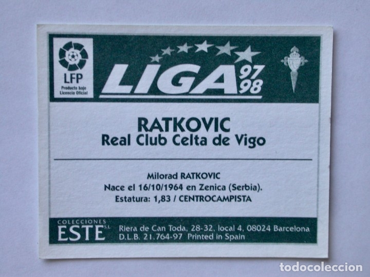 Cromos de f&uacute;tbol: RATKOVIC DEL CELTA DE EDICIONES ESTE 97-98, NUNCA PEGADO - Foto 2
