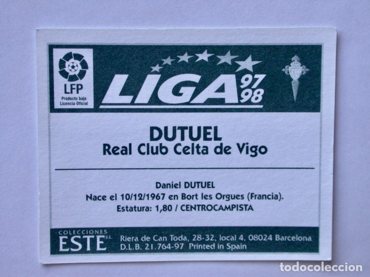 Cromos de f&uacute;tbol: DUTUEL DEL CELTA DE EDICIONES ESTE 97-98, NUNCA PEGADO - Foto 2