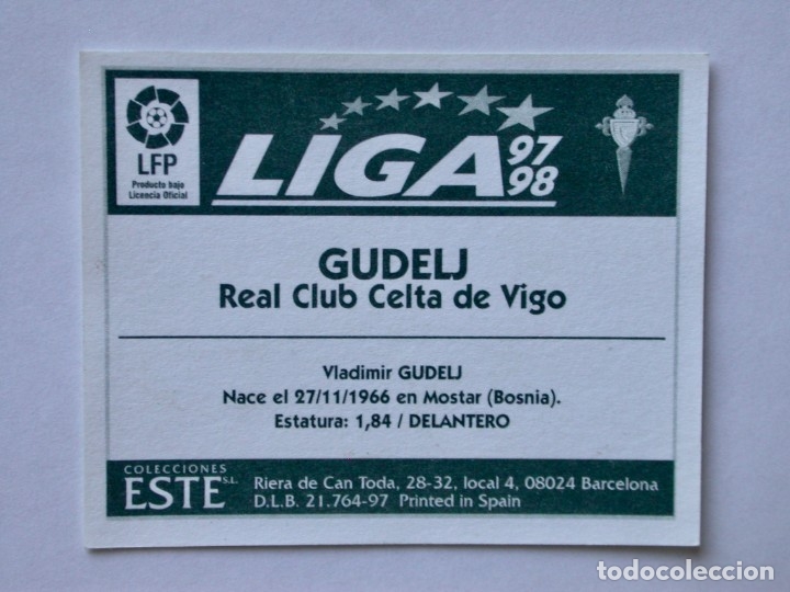 Cromos de f&uacute;tbol: GUDELJ DEL CELTA DE EDICIONES ESTE 97-98, NUNCA PEGADO - Foto 2