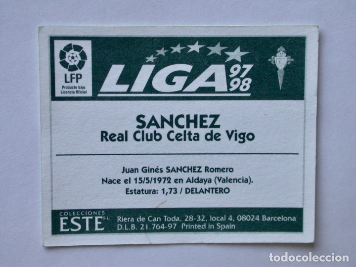 Cromos de f&uacute;tbol: S&Aacute;NCHEZ DEL CELTA DE EDICIONES ESTE 97-98, NUNCA PEGADO - Foto 2
