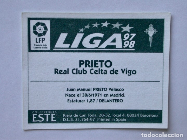 Cromos de f&uacute;tbol: PRIETO DEL CELTA DE EDICIONES ESTE 97-98, NUNCA PEGADO - Foto 2
