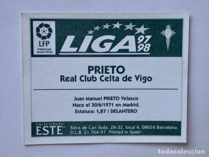 Cromos de f&uacute;tbol: PRIETO DEL CELTA DE EDICIONES ESTE 97-98, NUNCA PEGADO - Foto 2