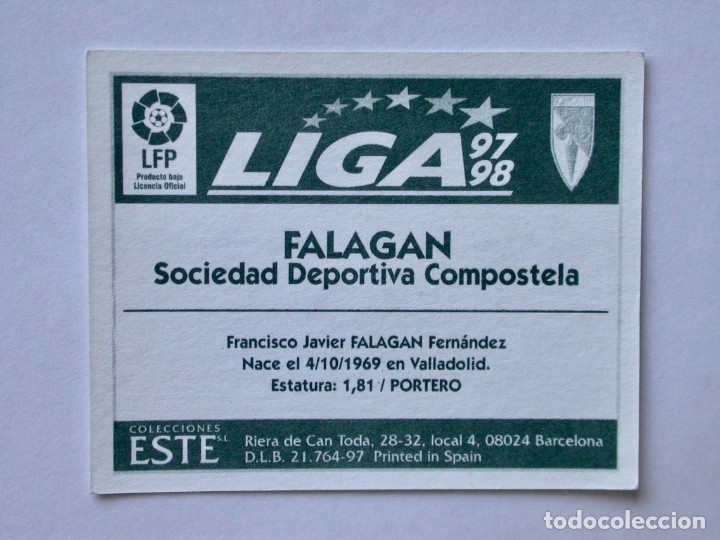 Cromos de f&uacute;tbol: FALAGAN DEL COMPOSTELA DE EDICIONES ESTE 97-98, NUNCA PEGADO - Foto 2