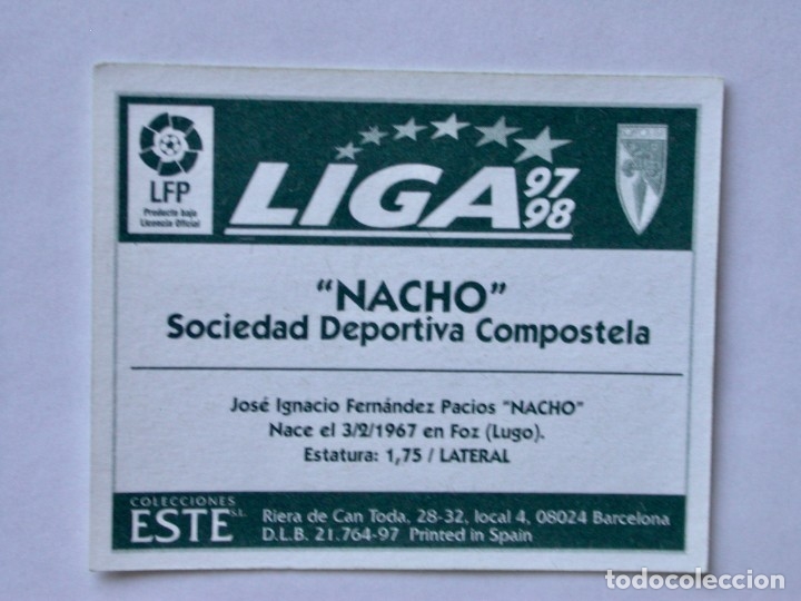 Cromos de f&uacute;tbol: NACHO DEL COMPOSTELA DE EDICIONES ESTE 97-98, NUNCA PEGADO - Foto 2