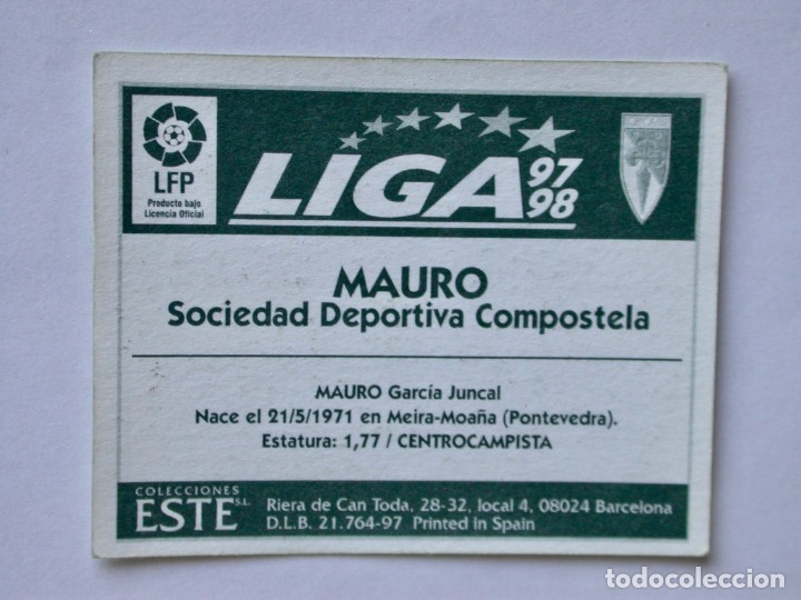 Cromos de f&uacute;tbol: MAURO DEL COMPOSTELA DE EDICIONES ESTE 97-98, NUNCA PEGADO - Foto 2