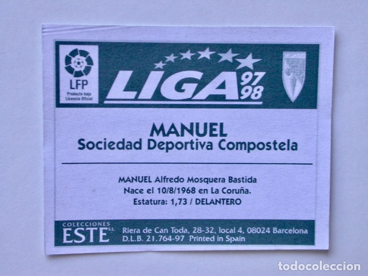 Cromos de f&uacute;tbol: MANUEL DEL COMPOSTELA DE EDICIONES ESTE 97-98, NUNCA PEGADO - Foto 2