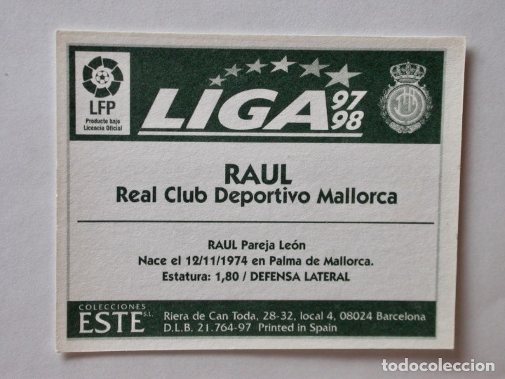 Cromos de f&uacute;tbol: RA&Uacute;L DEL MALLORCA DE EDICIONES ESTE 97-98, NUNCA PEGADO - Foto 2