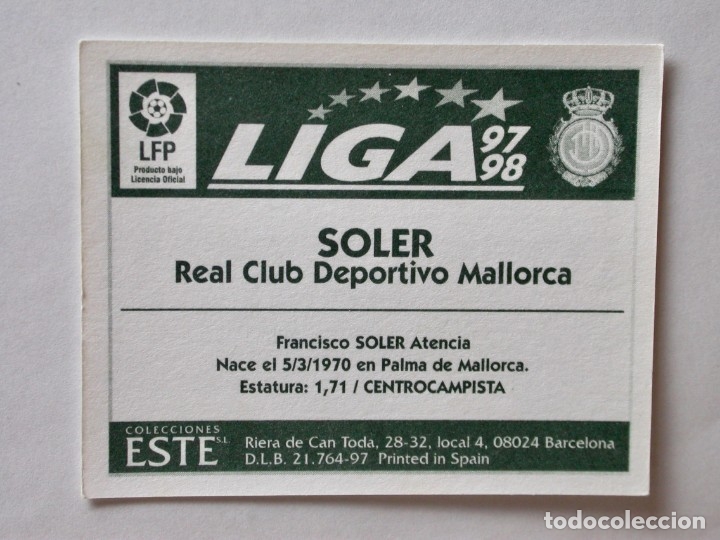 Cromos de f&uacute;tbol: SOLER DEL MALLORCA DE EDICIONES ESTE 97-98, NUNCA PEGADO - Foto 2