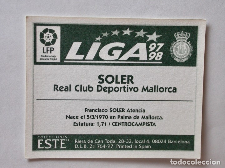 Cromos de f&uacute;tbol: SOLER DEL MALLORCA DE EDICIONES ESTE 97-98, NUNCA PEGADO - Foto 2