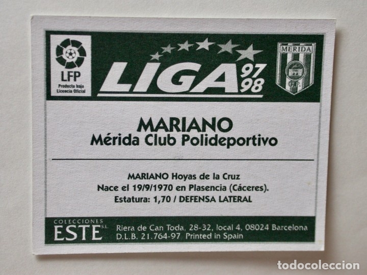 Cromos de f&uacute;tbol: MARIANO DEL M&Eacute;RIDA DE EDICIONES ESTE 97-98, NUNCA PEGADO - Foto 2