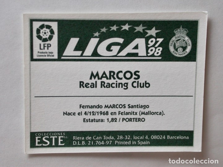 Cromos de f&uacute;tbol: MARCOS DEL RACING DE EDICIONES ESTE 97-98, NUNCA PEGADO - Foto 2