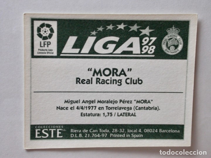 Cromos de f&uacute;tbol: MORA DEL RACING DE EDICIONES ESTE 97-98, NUNCA PEGADO - Foto 2