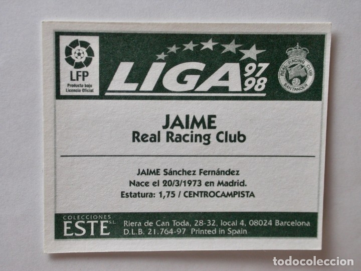 Cromos de f&uacute;tbol: JAIME DEL RACING DE EDICIONES ESTE 97-98, NUNCA PEGADO - Foto 2