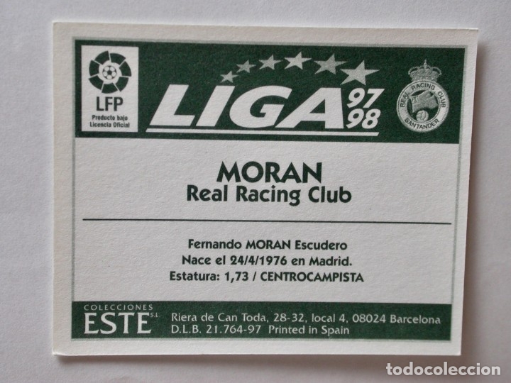 Cromos de f&uacute;tbol: MOR&Aacute;N DEL RACING DE EDICIONES ESTE 97-98, NUNCA PEGADO - Foto 2