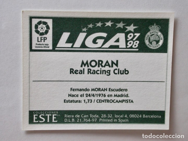 Cromos de f&uacute;tbol: MOR&Aacute;N DEL RACING DE EDICIONES ESTE 97-98, NUNCA PEGADO - Foto 2