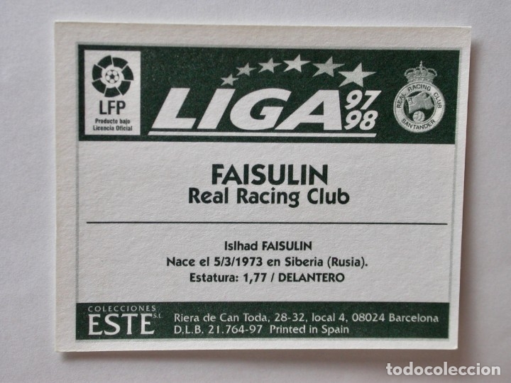 Cromos de f&uacute;tbol: FAISULIN DEL RACING DE EDICIONES ESTE 97-98, NUNCA PEGADO - Foto 2
