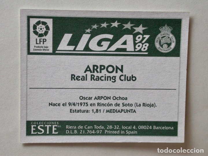 Cromos de f&uacute;tbol: ARP&Oacute;N DEL RACING DE EDICIONES ESTE 97-98, NUNCA PEGADO - Foto 2