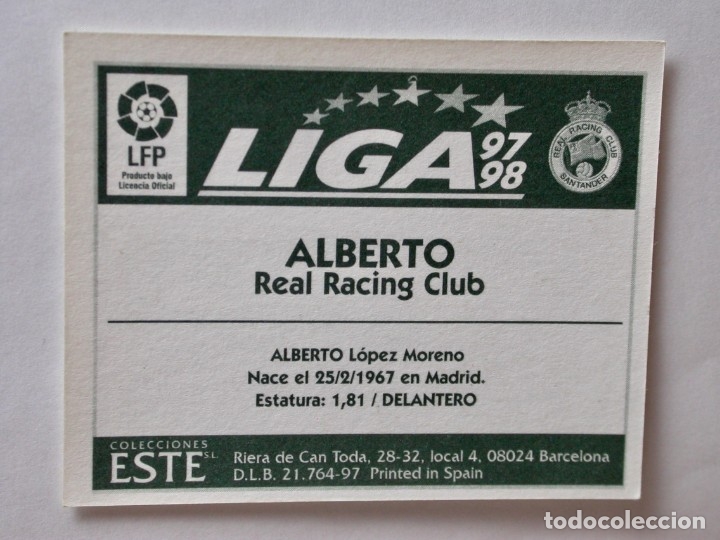 Cromos de f&uacute;tbol: ALBERTO DEL RACING DE EDICIONES ESTE 97-98, NUNCA PEGADO - Foto 2